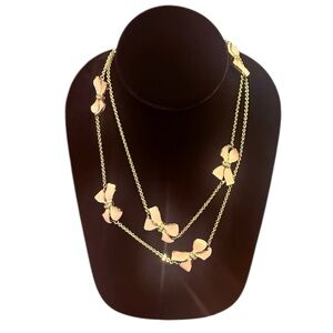 Vintage J. Crew Gold Chain Light Pink Enamel Bow CZ Necklace 36”